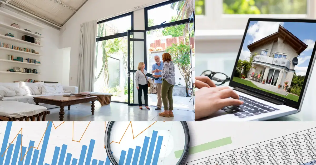 älteres paar bei einer hausbesichtigung für immobilien teilverkauf mit maklerin und am laptop bei finanzierung check