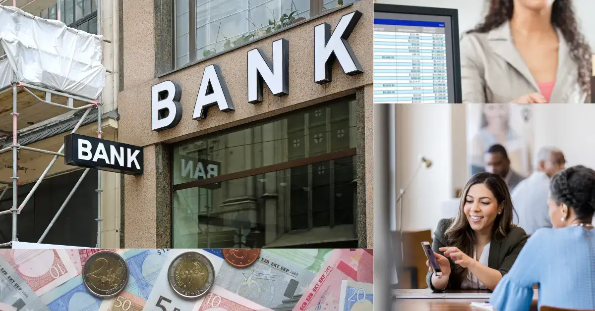 banknfiliale aussen und kundin am bankschalter sowie konsumenten am handy mit depot tagesgeld und euros