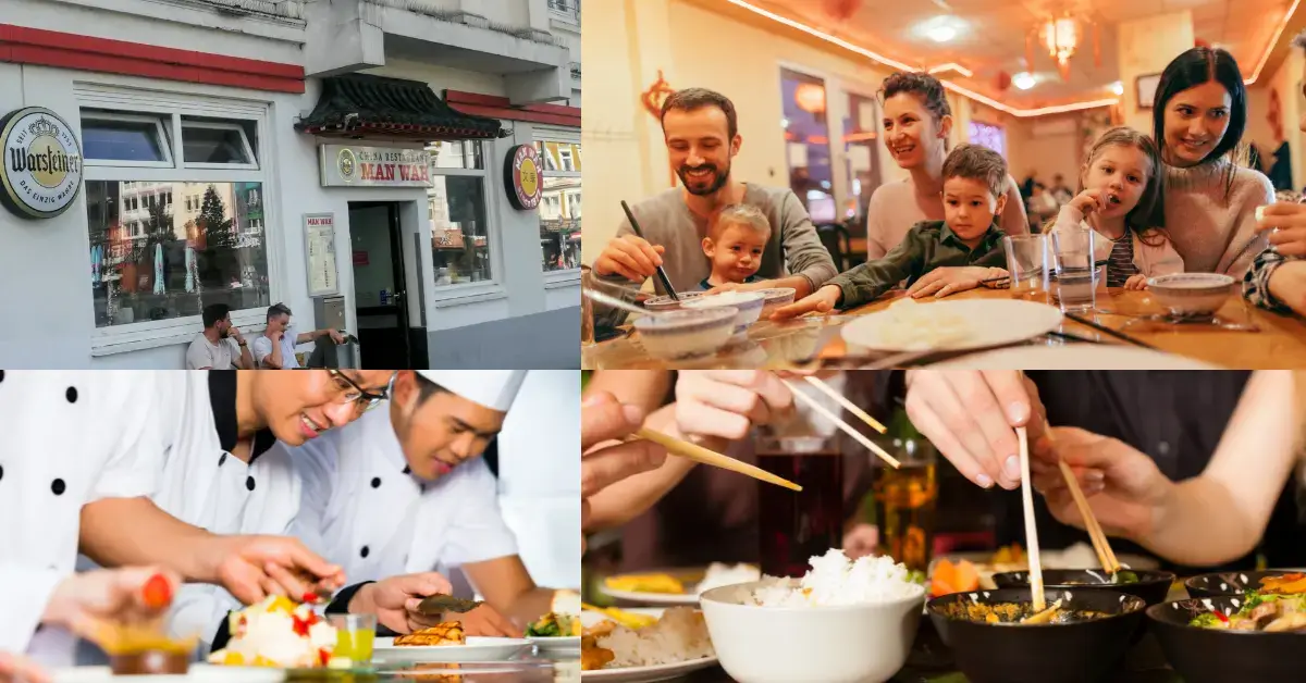 chinesisches restaurant man wah hamburg aussen und gäste innen essen dim sim sowie köche am wok nudeln machen