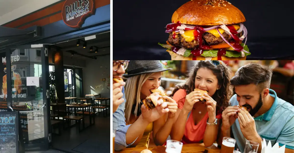 dulf´s burger aussen und frischen burger sowie 4 lachende millenials mit hamburger pommes bier sitzend essend