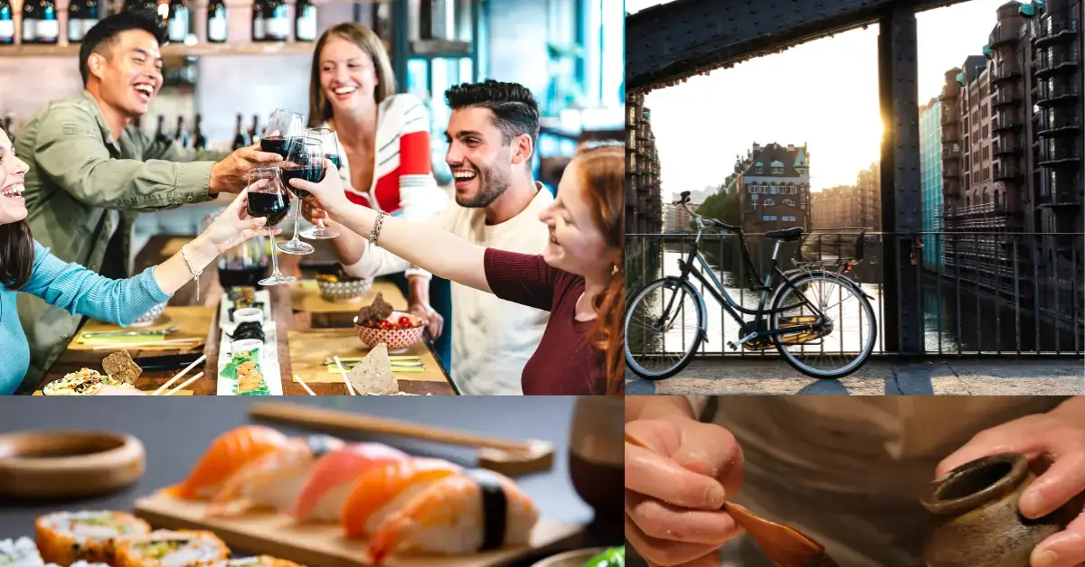 freunde fröhlich wein hebend und sushi essen im restaurant sowie sushi vorbereitung vom japanischen koch