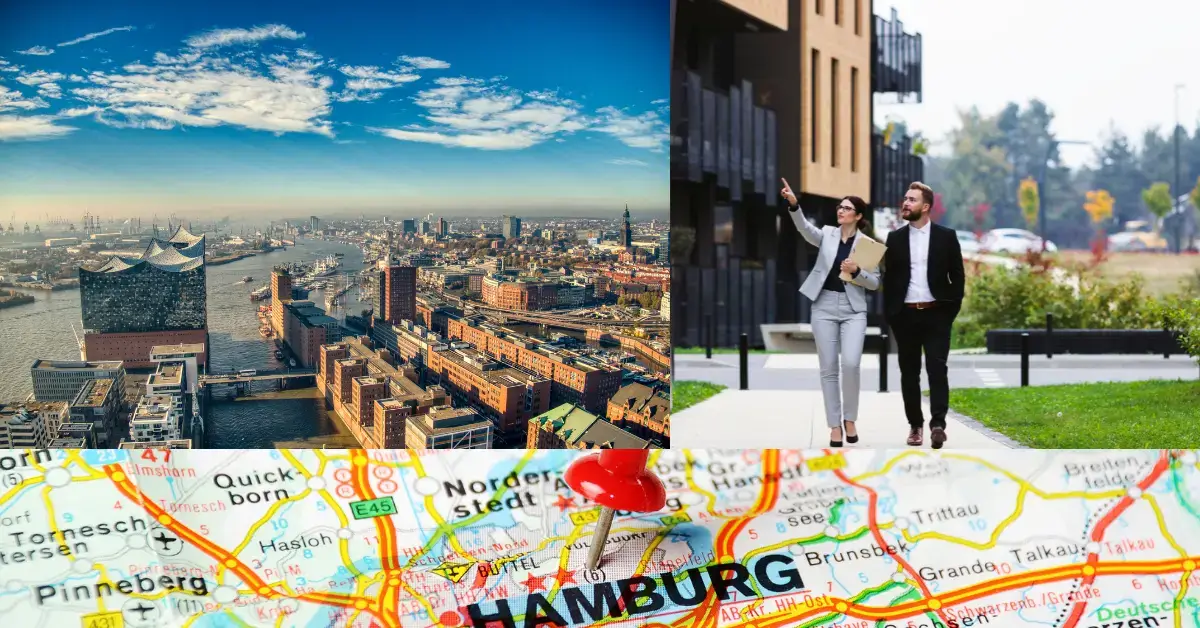 hamburg hafencity speicherstadt panorama mit elbe landkarte und immobilienbesichtung aussen kunde makler