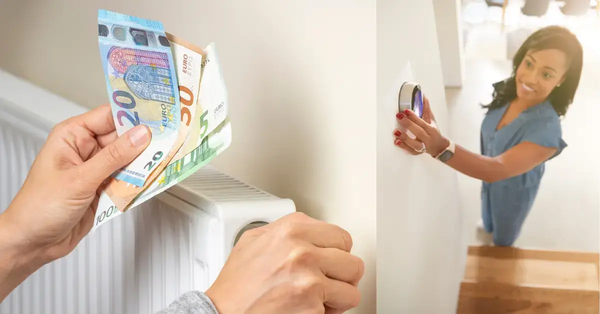rechte männliche hand dreht an einer ölheizung zuhause und linke hand mti euroscheinen sowie frau an wandbefestigtem temparaturregler